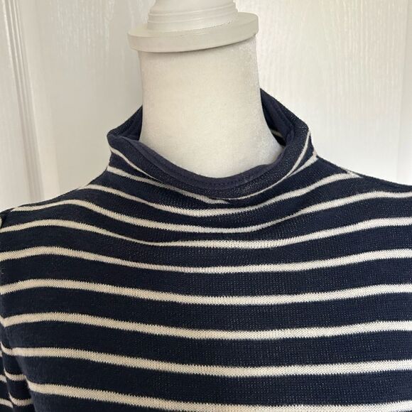 Madewell Blue/White Striped Cotton Mock Turtleneck Sweater with 3/4 Sleeved - Picture 3 of 9